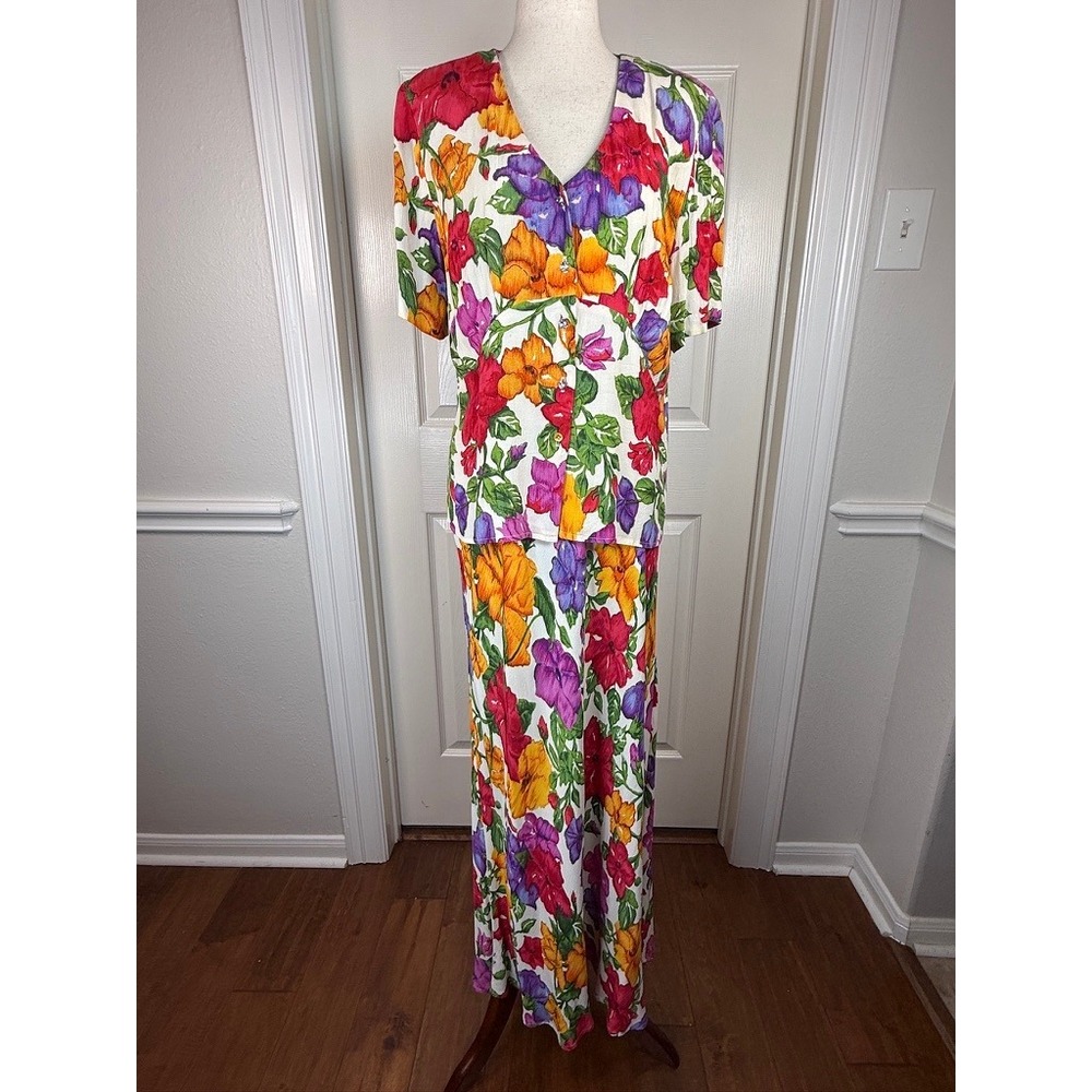 Vintage Carole Little Floral 2 Piece Skirt Set Maxi 90s Multi Color Size 12